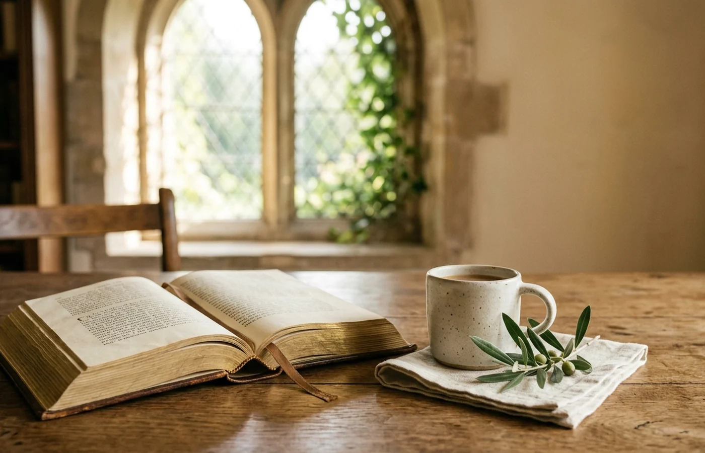 Open Bible, a warm cup, and olive branches in quiet morning light